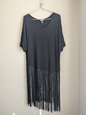 Tasha Polizzi long bottom hem fringe asymmetrical short sleeve top